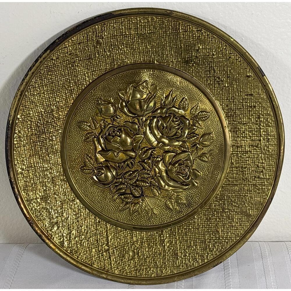 Vintage Embossed Brass Wall Plate with Roses – 12” Made in England